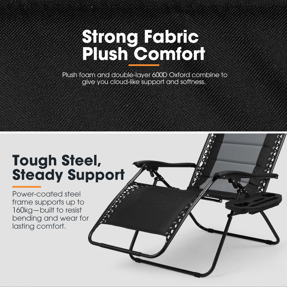 Black lounge chair with text highlighting strong fabric, plush comfort, and tough steel support on a black and white background.