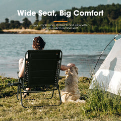 Person sitting in a recliner chair by a lake with text about wide seat comfort.