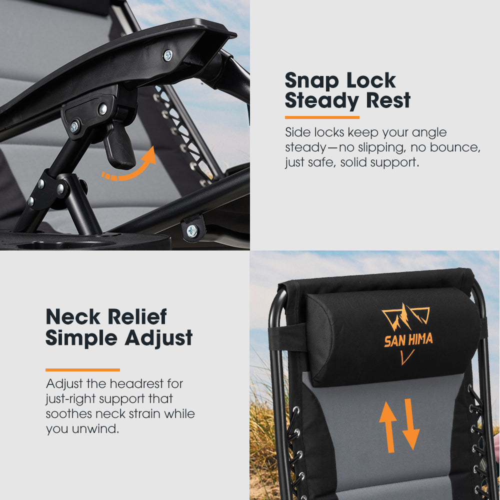 Lifestyle product image of a chair with text highlighting features like 'Snap Lock Steady Rest' and 'Neck Relief Simple Adjust'.
