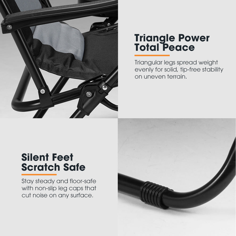 Black camping chair with text highlighting features on a white background