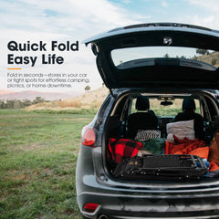 Open car trunk with camping gear and text 'Quick Fold Easy Life' in a scenic outdoor setting.