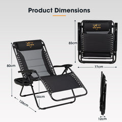 Black lounge chair with dimensions labeled on a white background