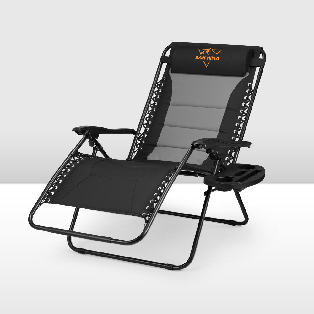 Black lounge chair with a cup holder on a white background