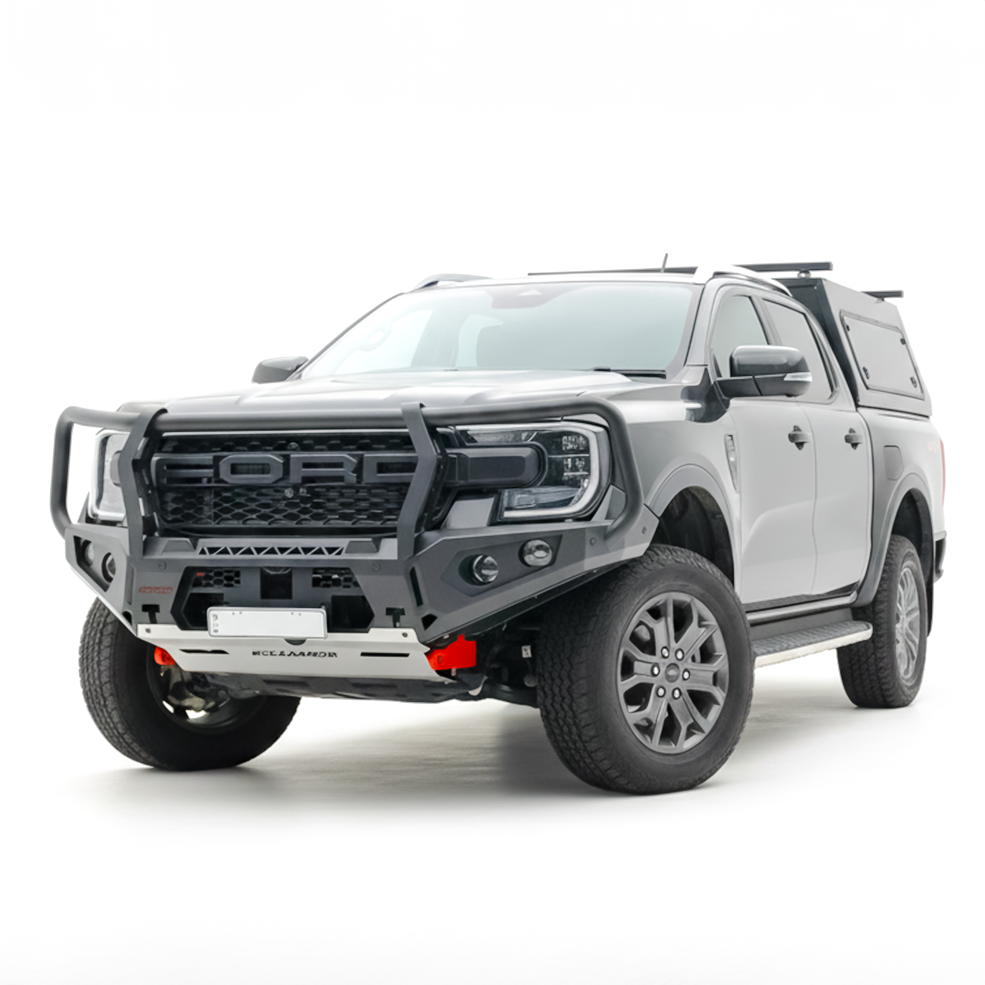 White Ford truck with a rugged front bumper on a white background