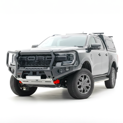 White Ford truck with a rugged front bumper on a white background
