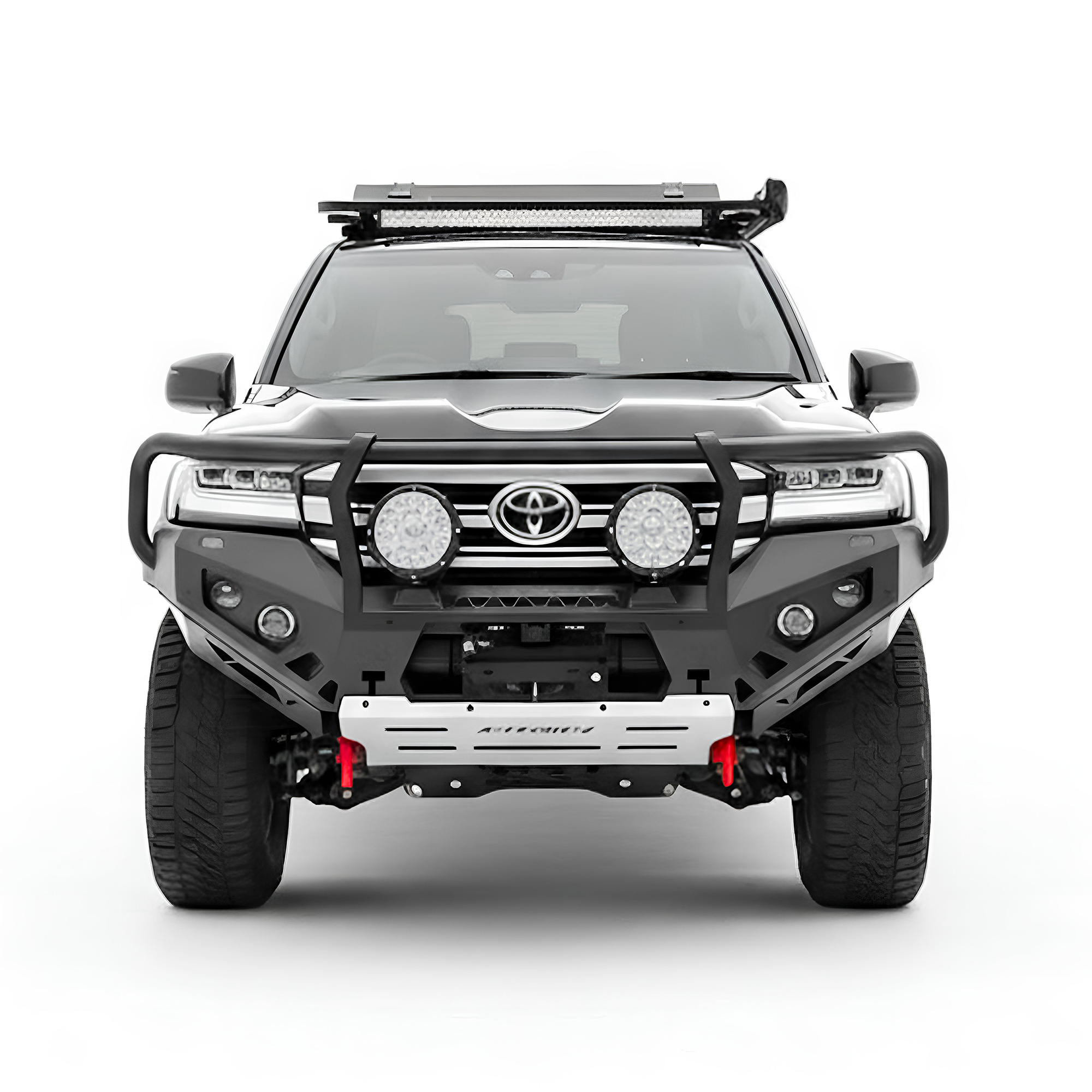 Front view of a Toyota SUV with additional lighting, Rockarmor bullbar and equipment on a white background