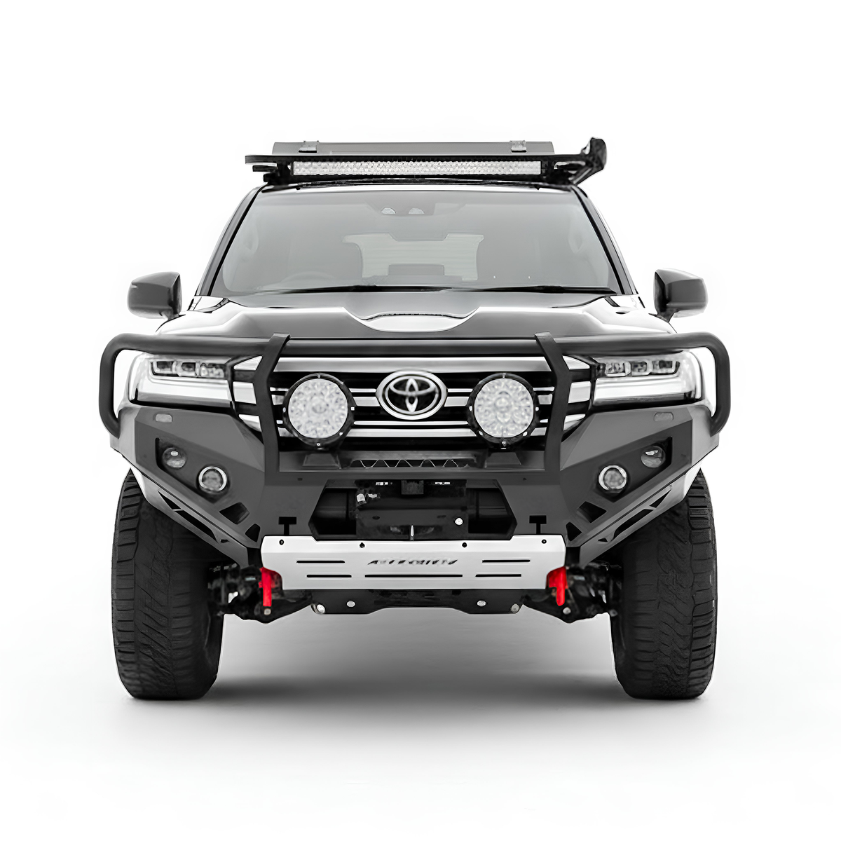 Front view of a Toyota SUV with additional lighting, Rockarmor bullbar and equipment on a white background