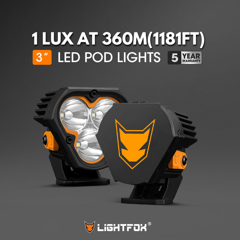 LED pod lights with Lightfox logo on a dark background