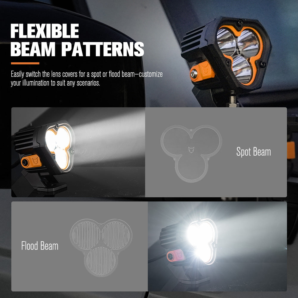 Lighting device with flexible beam patterns, showing spot and flood beams.