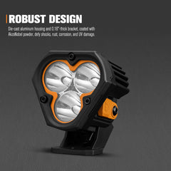 LED work light with robust design features on a dark background