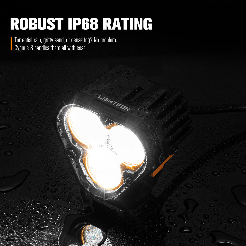 Light emitting device with Lightfox branding on a dark background, highlighting its robust IP68 rating.