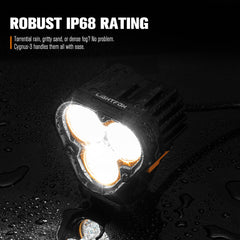 Light emitting device with Lightfox branding on a dark background, highlighting its robust IP68 rating.