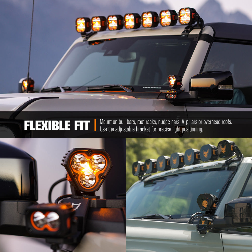 Collage of vehicle lights with text on flexible fit and mounting options.