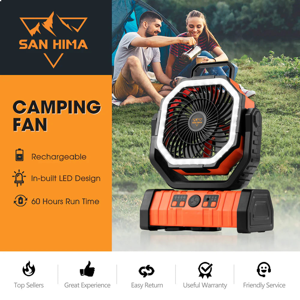 SAN HIMA Camping fan with rechargeable feature, LED design, and 60 hours run time, displayed with a couple sitting under a tent.