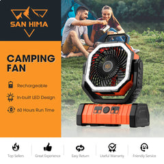 SAN HIMA Camping fan with rechargeable feature, LED design, and 60 hours run time, displayed with a couple sitting under a tent.