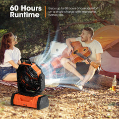 Person playing guitar next to a camping fan with text about runtime and battery life.