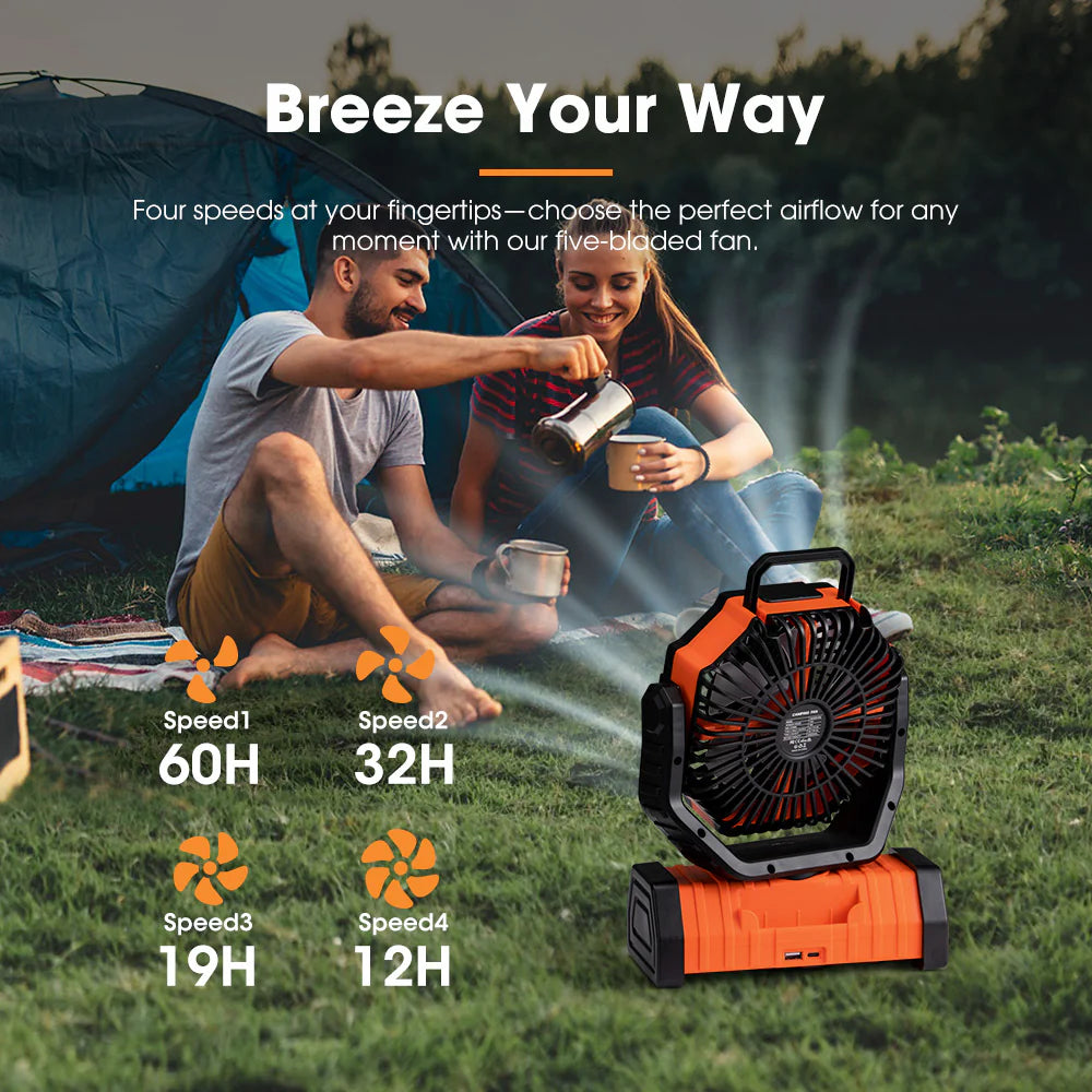 Person using a portable fan with camping scene and text about fan speeds and features.