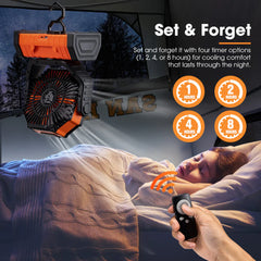 Portable fan with remote control in a car, showing cooling comfort feature.