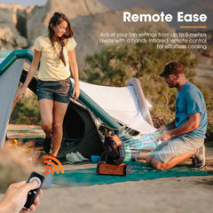 Two people camping with a portable fan and remote control, emphasising remote ease.