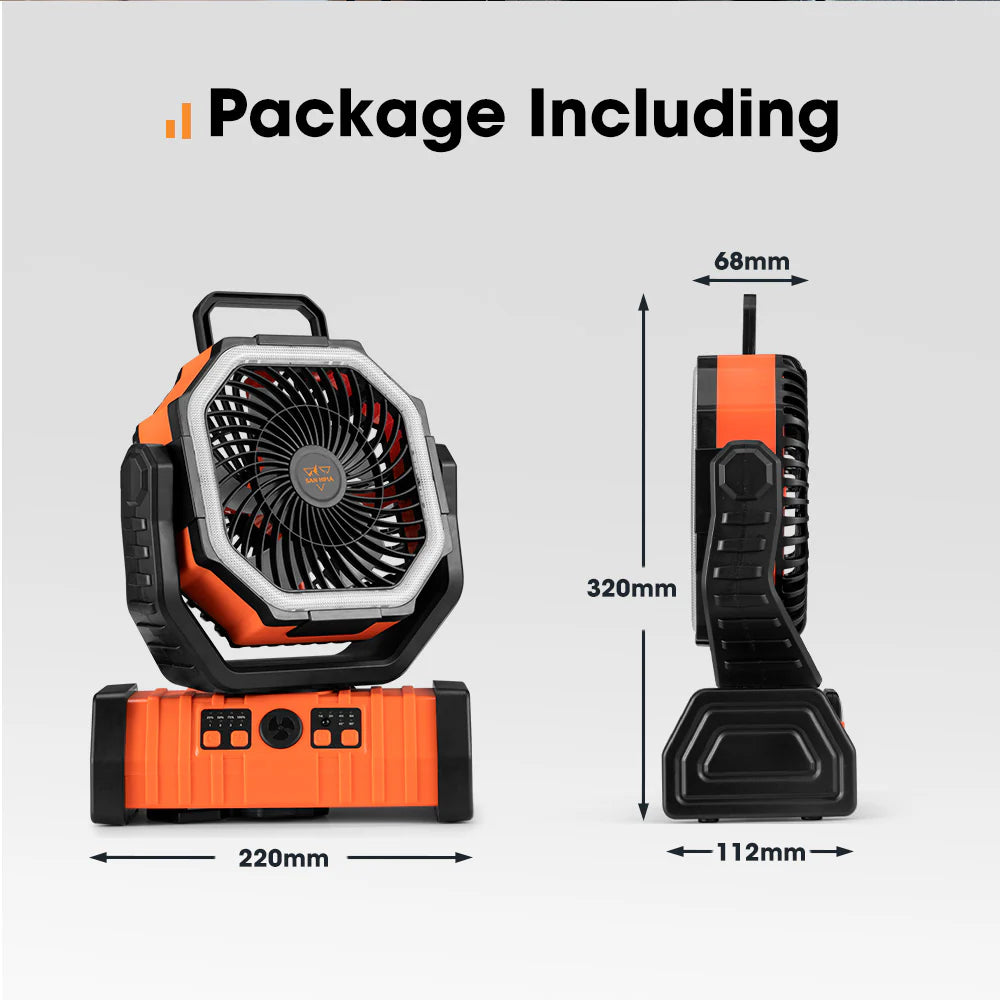 Orange and black portable fan with dimensions on a gray background