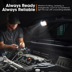 Person working on a car in the dark with a San Hima LED lantern, text about reliability and readiness.