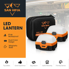 SAN HIMA LED lanterns with packaging and features listed on an orange background.
