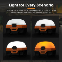 Multifunctional camping lantern with different light settings on a dark background