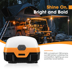 LED lantern with camping scene in the background, emphasizing brightness and power.