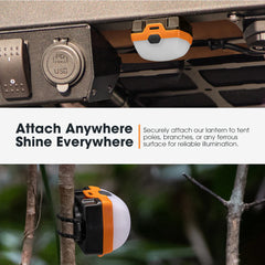Showcase of flexible attachment options for San Hima 8X Led Camping Lights, including poles, branches or ferrous surfaces.