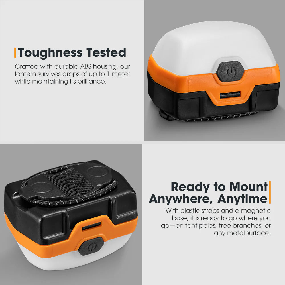 Orange and black camping lantern with text highlighting its durability and mountability on a grey background