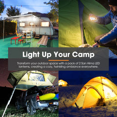 Collage of camping scenes with text promoting San Him LED lanterns.