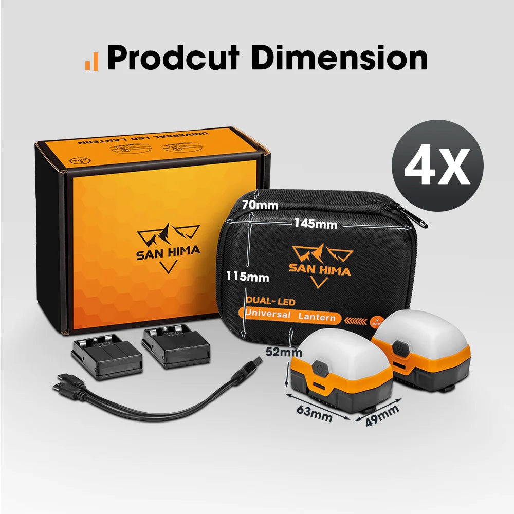 SAN HIMA dual LED universal lantern set with packaging and dimensions displayed.