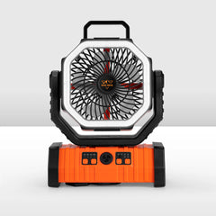 Portable SAN HIMA camping fan with orange base and black top on a white background