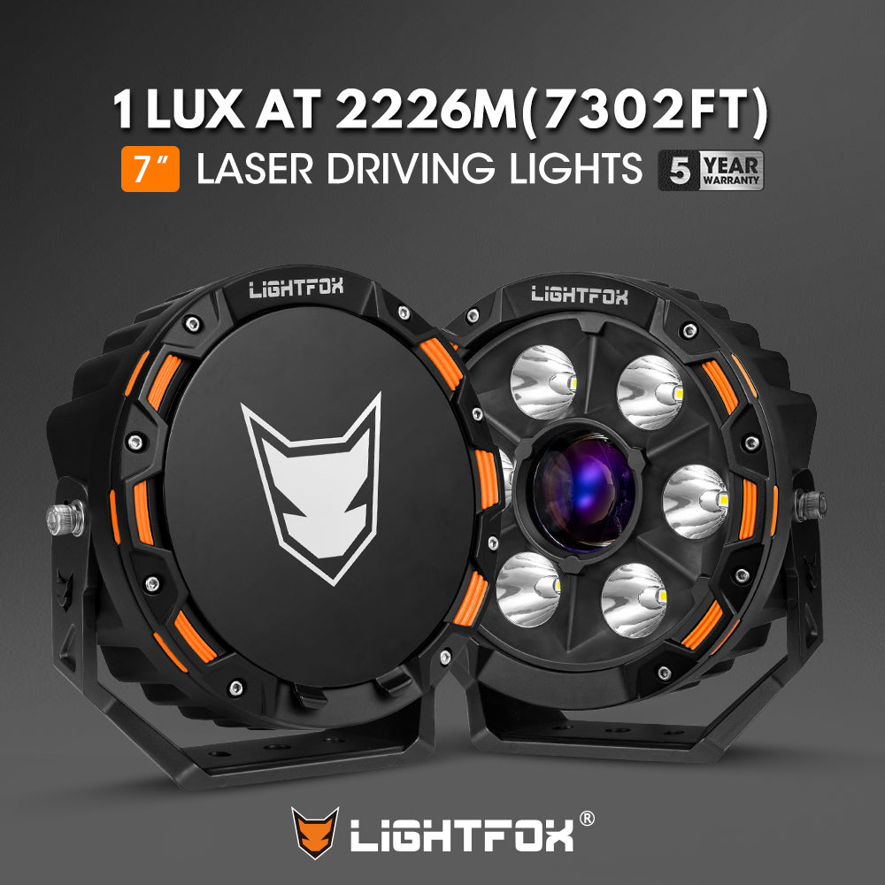 7-inch laser driving lights with Lightfox branding on a dark background