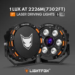 7-inch laser driving lights with Lightfox branding on a dark background