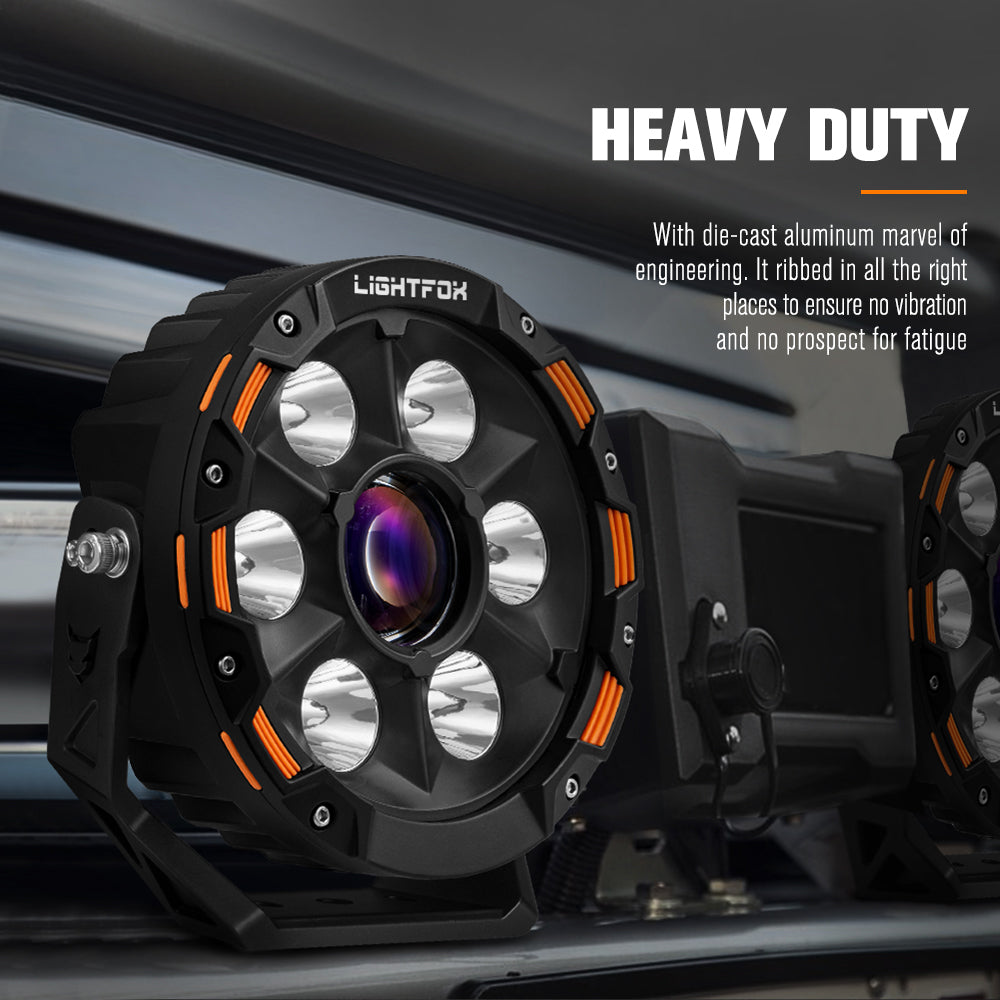 Heavy-duty LED light with LIGHTFOX branding on a vehicle interior background.