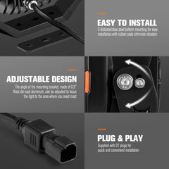 Product features including easy installation, adjustable design, and plug & play setup on a dark background.