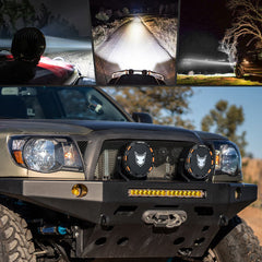 Collage of a vehicle with additional lights and components on a road scene.