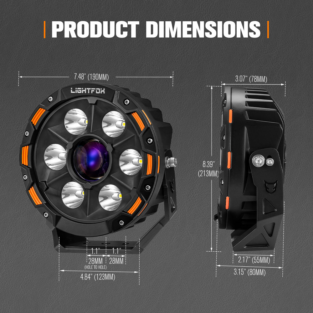 Lightfox product dimensions diagram on a dark background