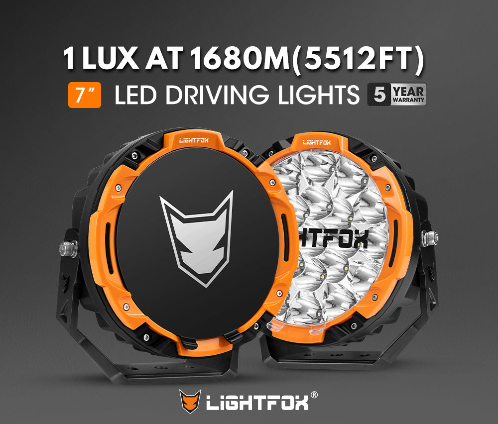 Two LED driving lights with Lightfox branding on a dark background