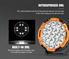 LED driving light with built-in DRL on a dark background