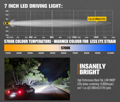7 inch LED driving light with technical specifications and a scene of a car using it on a road.