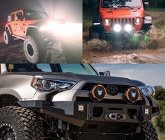 Collage of four images featuring off-road vehicles with headlights on.