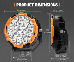 Dimensions of an orange and black light fixture on a gray background