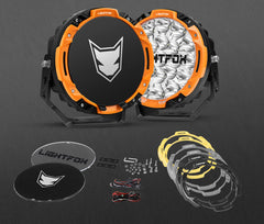 Lightfox off-road lights with components on a dark background