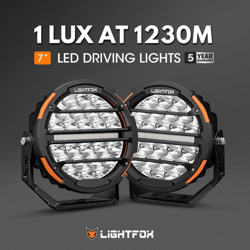 Two 7-inch LED driving lights with Lightfox branding on a dark background.