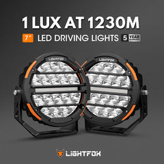 Two 7-inch LED driving lights with Lightfox branding on a dark background.