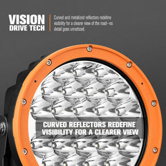 Orange and black vehicle light with reflective surface and 'Vision Drive Tech' branding.