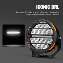 Two LED lights with 'Lightfox' branding on a dark background, featuring text about DRLs.