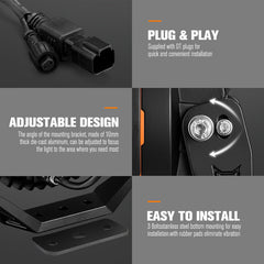 Product features including plug and play, adjustable design, and easy installation on a gray background.